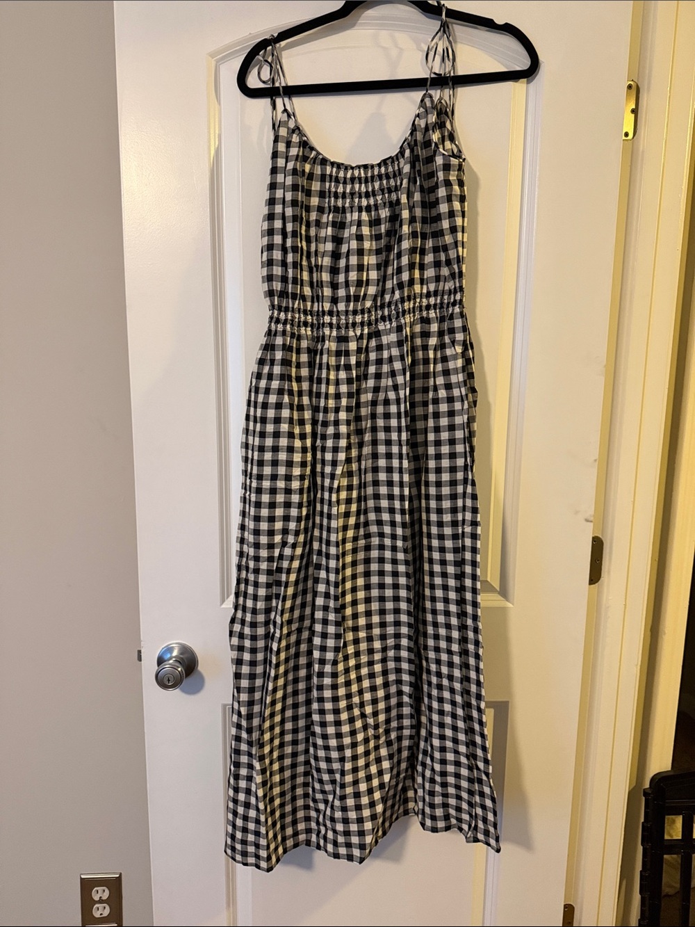 Doen Black and White Gingham Midi Dress with Tie Straps